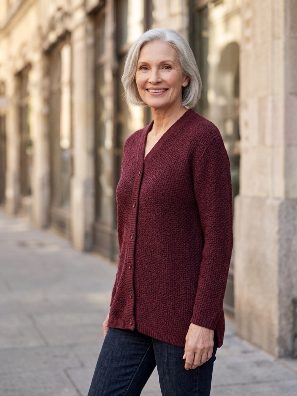 Lauren Brooke Wine V-Neck Button Cardigan
